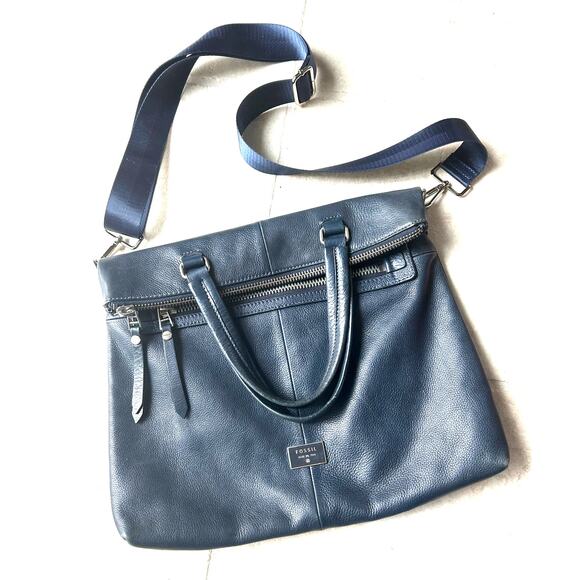 Vintage Fossil Foldover Dawson Tote Crossbody Bag Blue Leather - Picture 1 of 10